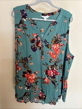Market & Spruce Teal Floral Button-Accent Sleeveless Top